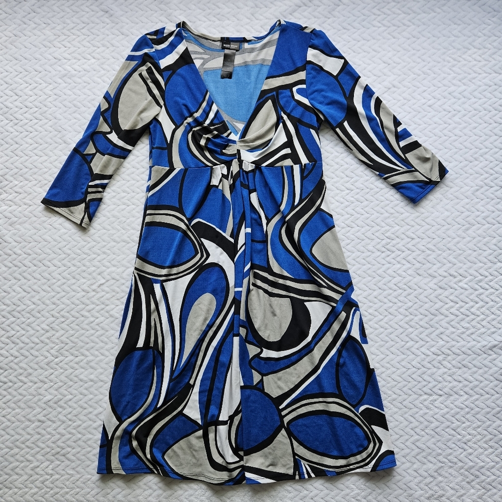 Bisou Bisou Blue Geometric Print Stretchy Dress Size 10